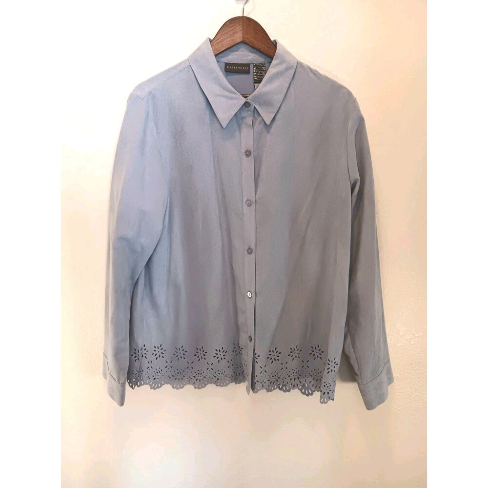 Relativity Faux Suede Button Down Shirt Blue Scalloped Eyelet Hem XL Soft